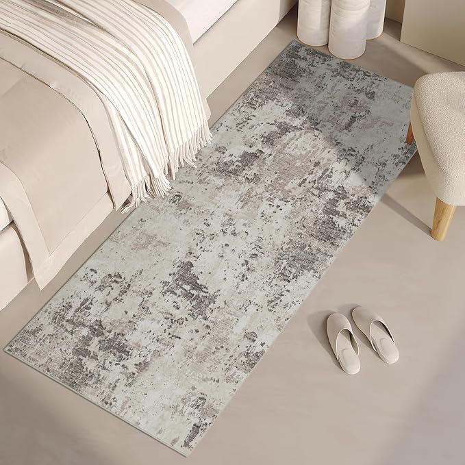 ROYHOME Modern Abstract 2x8 Runner Rug Washable Non Slip, Brown Grey | Stain Resistant Rug for Hallway Kitchen Bedroom Non Shedding Low Pile Indoor Floor Cover