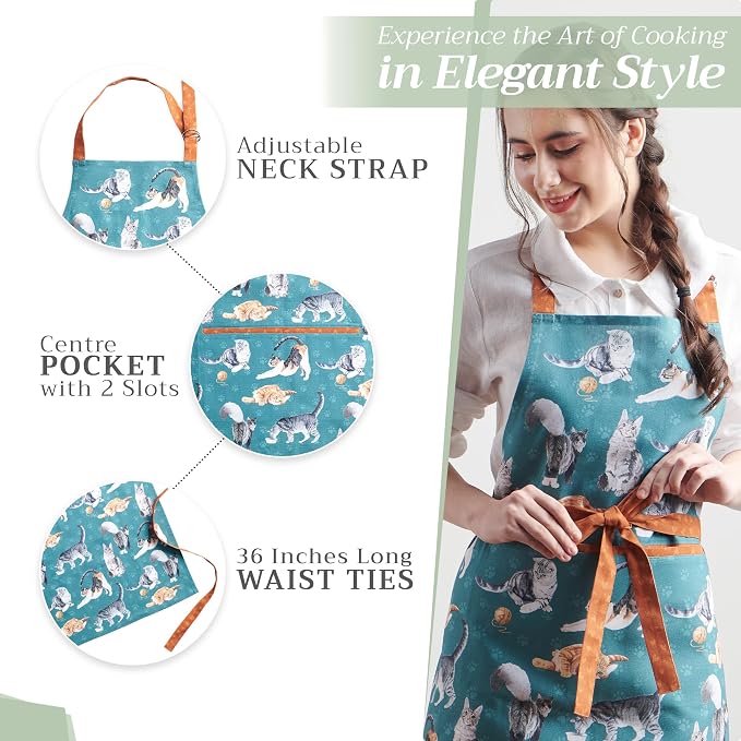 Maison d' Hermine Aprons for women with Pocket 100% Cotton (27.50"x31.50") | Adjustable Neck Strap & long ties Apron Men Chef Wedding Cooking Gardening Server Maid