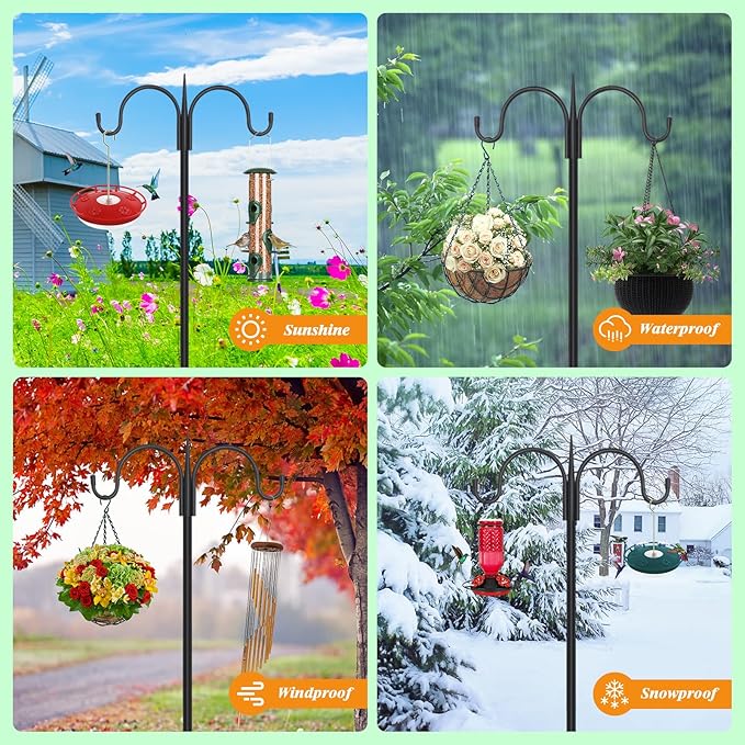 FEED GARDEN Heavy Duty Shepherds Hook 63" Double Hooks Adjustable (47/63") - Alloy Steel 5-Prong Base, 12lb Capacity - Easy Assembly Bird Feeder Pole for Hanging Planters, Lanterns, Wind Chimes