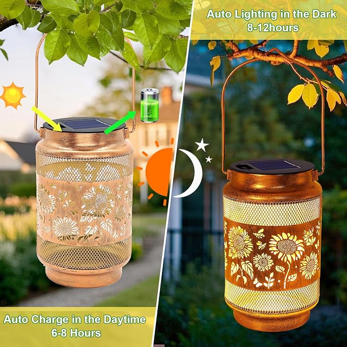 Sunflower Solar Lanterns Outdoor Waterproof with Shepherd Hook, Sunflower Gifts for Birthday Women Mom Grandma, Metal Solar Hanging Lights Garden Decor for Outside Yard Patio Pathway