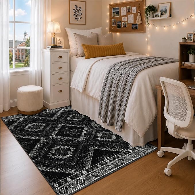 4'x6' Washable Area Rug for Living Room Bedroom Black | Soft Western No Slip Low Pile Print Foldable Indoor for Kitchen Dining Room