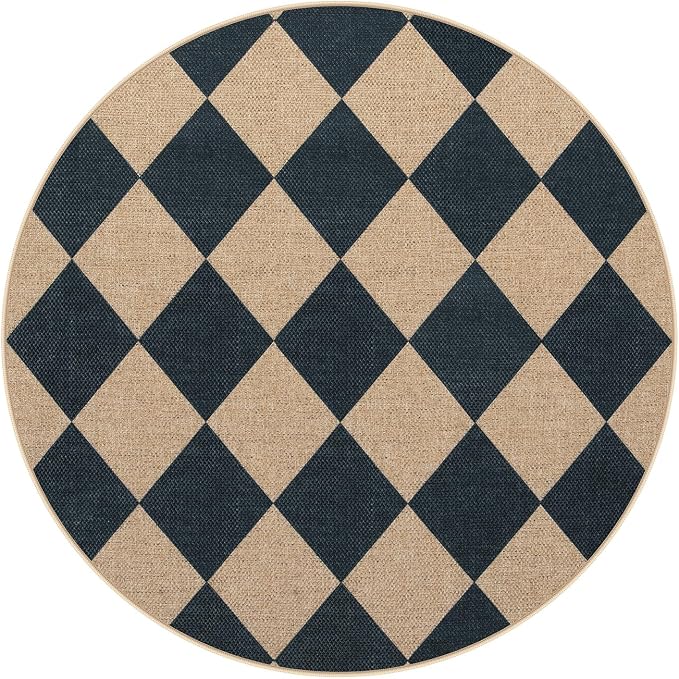 Lahome Colette Checkered Round Rug 3ft, Circle Indoor Outdoor Entryway Patio Rug Washable Easy Jute Rug, Farmhouse Non Slip Small Round Rugs for Bedroom Porch Living Room Decor