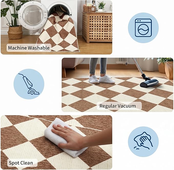 GarveeHome Checkered Long Hallway Runner Rug 2.5x10 Brown Kitchen Rug | Non Slip Soft Diamond Print Entryway Rug Thin Laundry Mat Stain Resistant Carpet for Bedroom Bathroom Beside