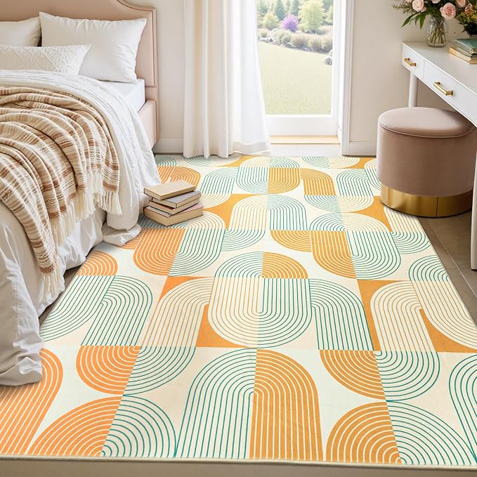 5x7 Washable Area Rugs for Living Room, Non Slip Boho Modern Rug | Stain Resistant, Soft Carpet Indoor Floor Carpets for Bedroom Dining Room Farmhouse Nursery Hallway Home Office, Orange
