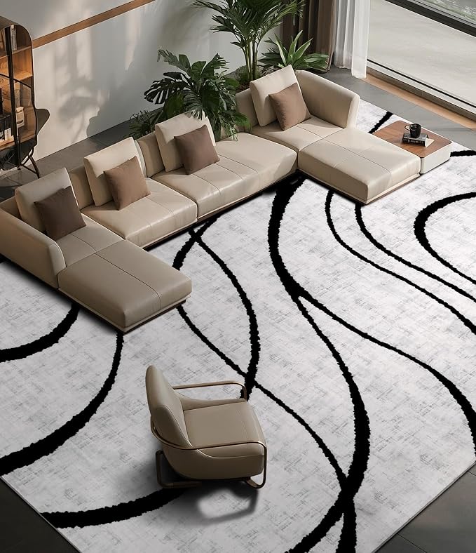 Modern Area Rugs for Living Room, 9x12 Washable Black and White Rug, Thin Abstract Geometric Striped Rug, Area Rug for Bedroom,Kitchen,Dining Room,Office