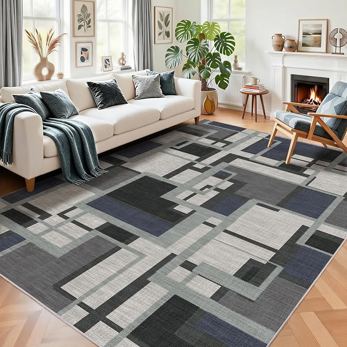 Modern Geometric 6x9 Area Rugs for Living Room, Slate Blue Washable Rug | Abstract Patchwork Blocks Non-Slip Indoor Carpet for Bedroom Dining Room Office | Blue Grey Soft Low-Pile Floor Rug