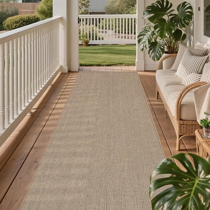 Outdoor Easy Jute Runner Rug: 2.5x8 Modern Natural Area Rugs for Front Patio Hallway Linen-Look Fabric Durable - Neutral Washable Mat for Entryway Kitchen Bedroom - Swirl Curved Pattern