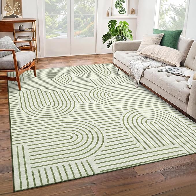 ROYHOME Modern Washable Rug 6x9 Area Rugs for Living Room Non Slip, Green | Abstract Rug for Bedroom, Rainbow Throw Rugs with Rubber Back, Low Pile Stain Resistant Boho Geometric Carpet for Dining Room