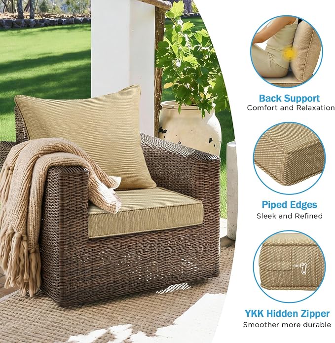 Outdoor Deep Seat & Back Cushion Set (2-Pack), 24 x 24 Inch Water Repellent and Fade Resistant Patio Furniture with Removable Cover for Outside Sofa Couch, Yellow Weave Pattern