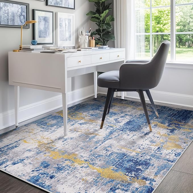RELEANY Washable 4'x6' Abstract Area Rug for Living Room Blue Gold | Carpet for Bedroom, Kitchen, Office, Hallway and Entryway, Printed Pattern, Non‑Slip, Soft, Stain‑Resistant, Easy to Clean