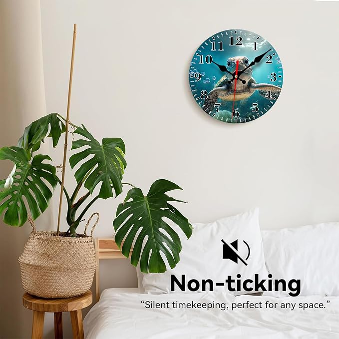 Wall Clocks Battery Operated, Cute Sea Turtle Silent Non Ticking Decorative Indoor Outdoor Wall Clocks for Living Room Kitchen Bedroom Bathroom 12"