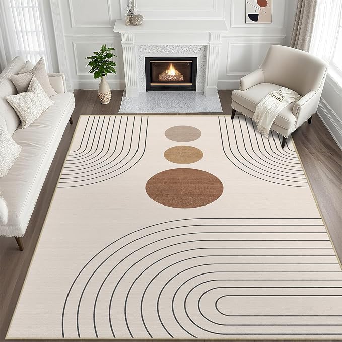 8x10 Area Rug for Living Room Boho Modern Minimalist Geometric Abstract Large Rug Neutral Beige Mid Century Modern Machine Washable Non-Slip Printed Low-Pile Indoor Floor Carpet Dining Room Bedroom