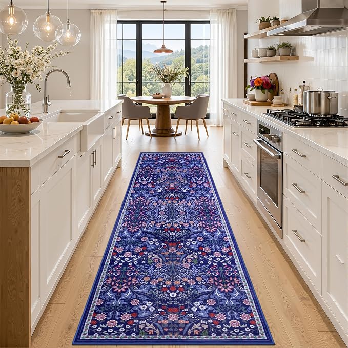 PLHXFR 2.6x10 Washable Runner Rug：Floral Indoor Kitchen Soft Carpet Blue | For Hallway Bedroom Kitchen Laundry Bathroom Dorm,Vintage Floral,Machine washable,Non Slip,Stain Resistant,Indoor Floor