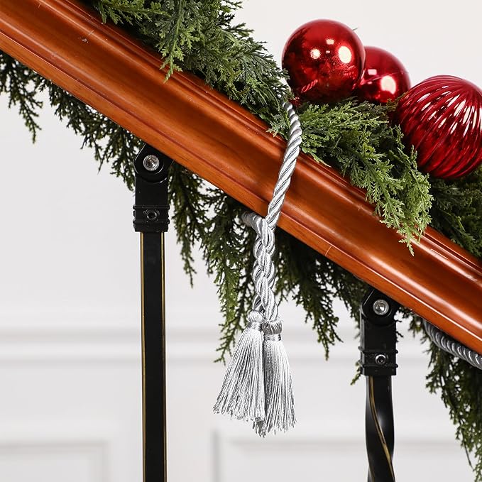 Dingion 20 Pcs Christmas Garland Decorative Banister Ties with Tassel 25.2 Inches Christmas Reusable Twist Ties for Garland Fireplace Staircase Banister Home Xmas Holiday Decorations(Silver)