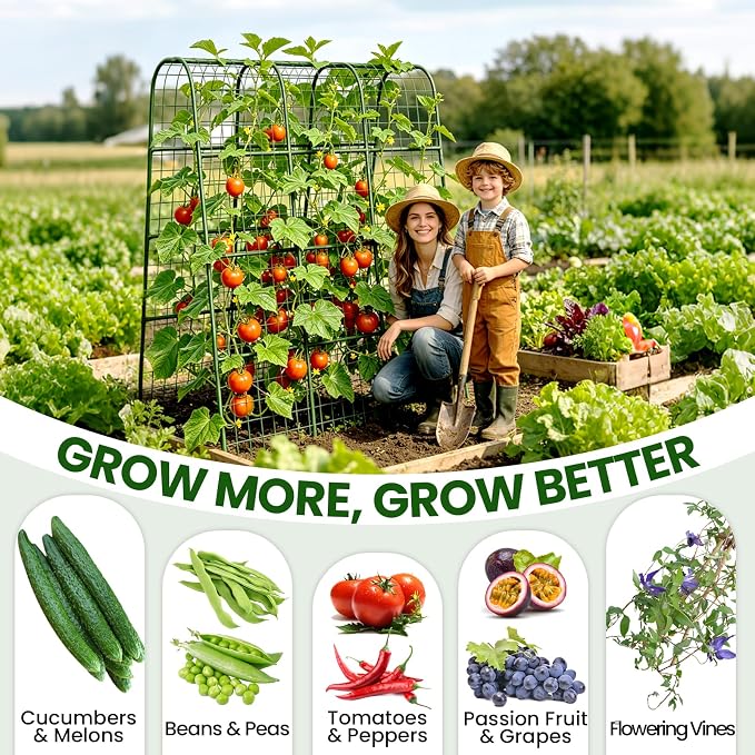 63" H x 47" L x 23" Cucumber Trellis for Raised Beds, Heavy Duty Metal Garden Arch Trellis with Nylon Net & Plant Ties, Vertical Trellis for Climbing Plants, Cucumbers, Tomatoes, Peas & Vines