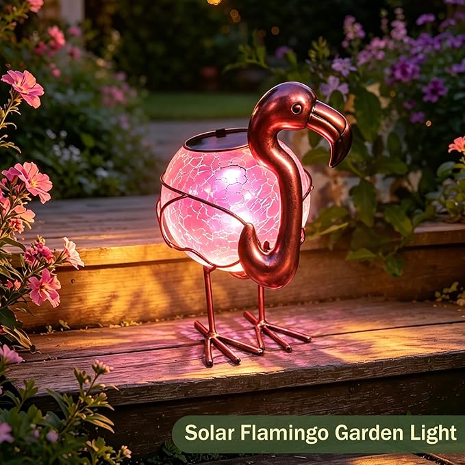 MUMTOP Flamingo Solar Light Outdoor Garden Decor, Solar Flamingo with Crackle Glass Globe Waterproof Tabletop Decorative Lights for Outside Patio Yard Decorations