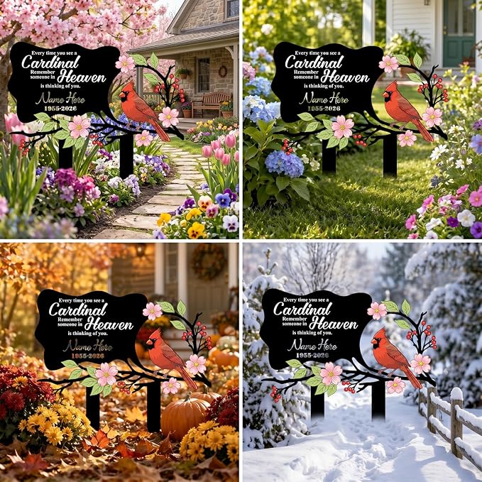 Personalized Cardinal Garden Sign with Stakes, Custom Name Sign, Flower Yard Decor Outdoor, Memorial Gift for Mom, Garden Plaque Sympathy Gifts, loss loved Ones Cardinal Sign