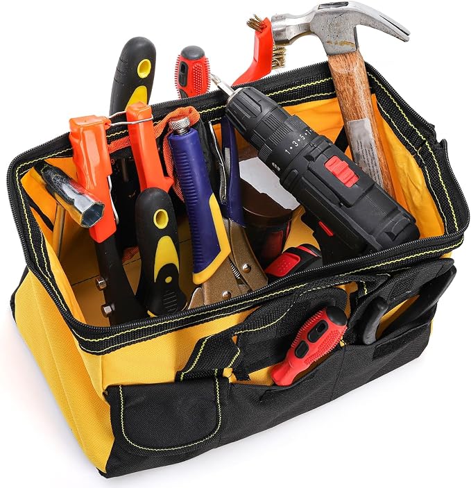 3 Pack Tool Bag, Wide Mouth Tool Tote Bag with Waterproof Base, Heavy Duty Tool Storage Bag Organizer for Various Tools, 5 Pockets, Blue, Yellow, Red, 12 Inch