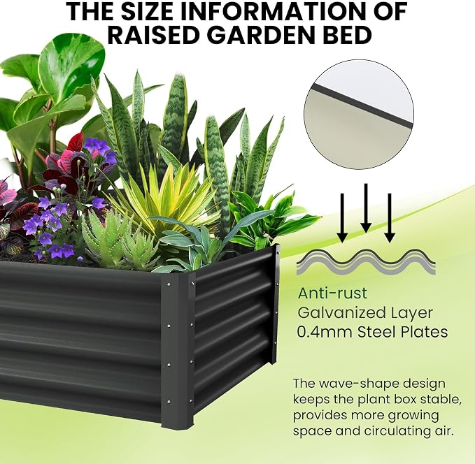 GarveeHome 6 * 3 * 1FT Raised Garden Bed Kit, Galvanized Raised Garden Beds Outdoor for Gardening, Above Planter Boxes, Large Garden Bed for Vegetables, Fruits, Dark Grey, 2 Pcs