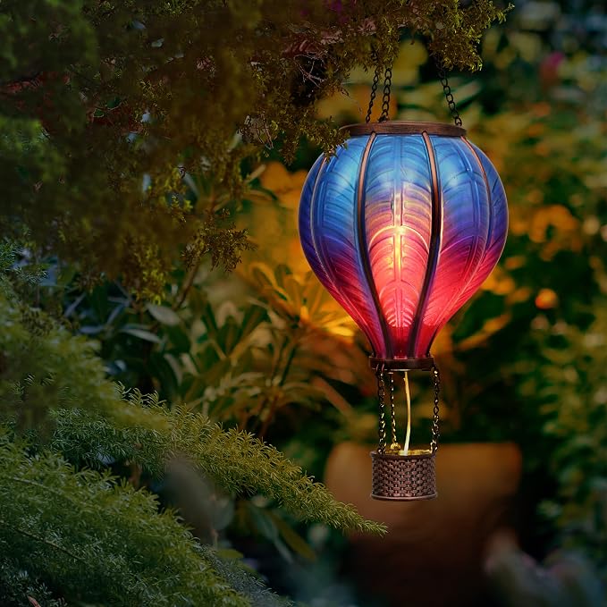 TERESA'S COLLECTIONS Hot Air Balloon Solar Lantern for Garden Decor, Flickering Flame Hanging Solar Light for Outdoor Decorations, Blue & Purple Plastic Lamp for Yard Tree Porch Party, Gift for Mom