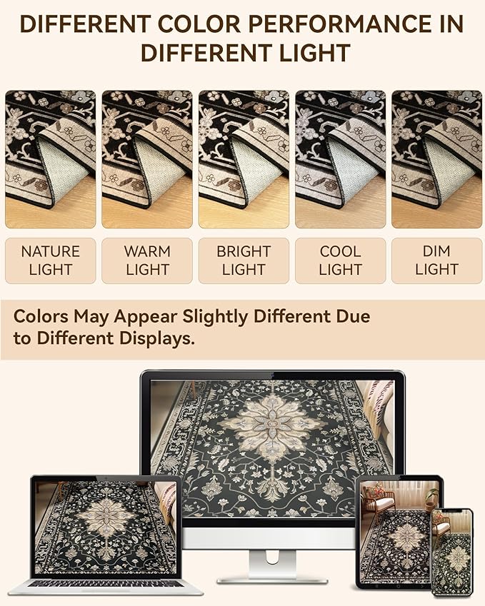 RELEANY Washable Area Rug, Runner 2'x6', Black/Neutral | Non-Slip, Water Repellent, Pet Friendly, Easy to Clean, Vintage Floral Boho Decor for Kitchen Entry Bedroom Bedside Laundry