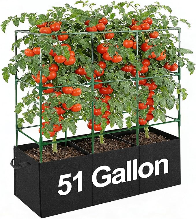Tomato Cage with 3 Compartment 51 Gallon Grow Bag - 47" L × 15.7" W × 45" H Heavy Duty Square Tomato Planter Trellis, Easy to Assemble, for Garden Patio Balcony Climbing Vegetables Flowers Fruits