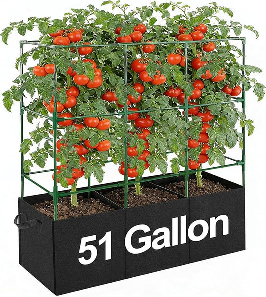 Tomato Cage with 3 Compartment 51 Gallon Grow Bag - 47" L × 15.7" W × 45" H Heavy Duty Square Tomato Planter Trellis, Easy to Assemble, for Garden Patio Balcony Climbing Vegetables Flowers Fruits