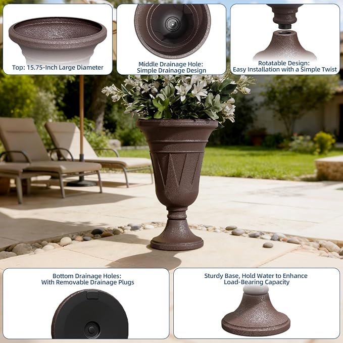 Tall Urn Planters for Outdoor Plants Set of 2-23.6" H Vintage Trophy Design Outdoor Planters for Porch Decor with Drainage Hole, Indoor Large Flower Pots, Pedestal Planter/Garden Vase, Brown