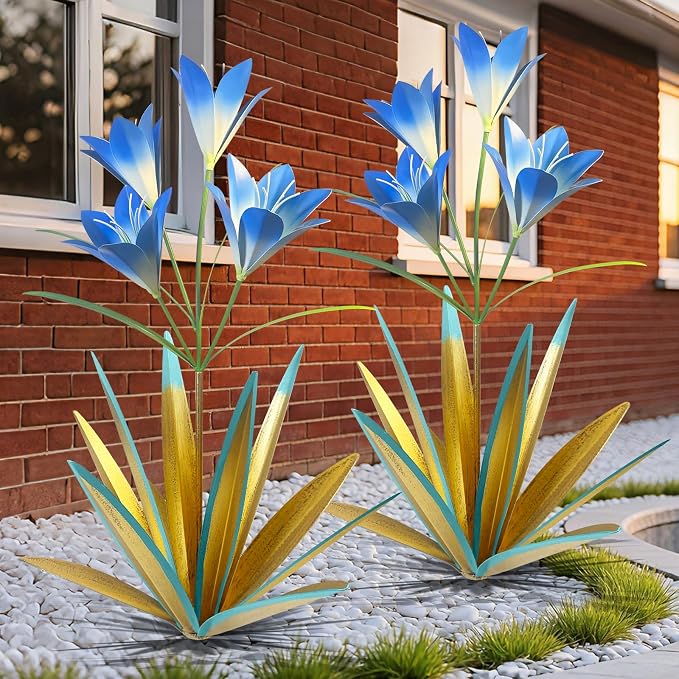 TOMBABY 32.28 Inch Metal Agave Plant Outdoor Decoration Lily Mexican Yard Art Garden Gift Home Decor Hand Painted Metal Agave Garden Yard Statue (2pc, Blue)