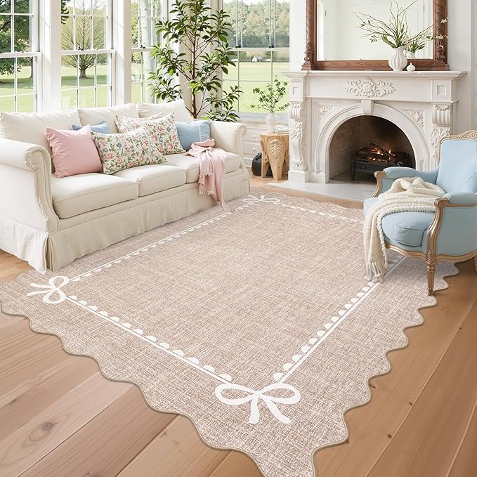 GarveeHome Scalloped Bow Rug 9x12 Washable Camel Rug for Living Room | Non Slip Soft Low Pile Large Indoor Carpet for Nursery Girls Bedroom Decor Hallway Kids Room College Dorm Playroom