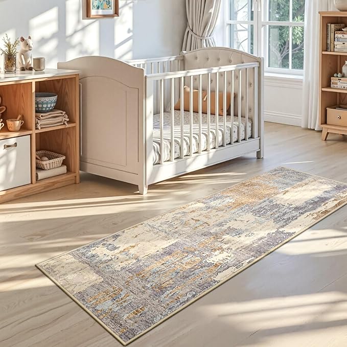 Toneed Washable 2x6 Non-Slip Abstract Runner Rug for Hallway Kitchen | Soft Modern Low Pile Area Rugs for Bedroom Laundry Living room,Indoor Carpet for Bedside Home Decor, Camel
