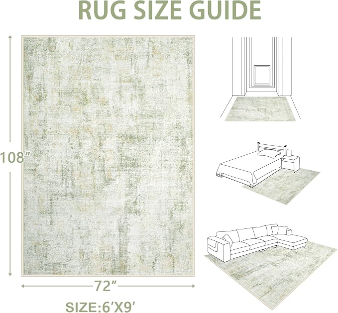 Area Rugs 6x9 Living Room: Washable Rug Modern Abstract Large Rugs Soft Non Slip Neutral Rug Indoor Carpet for Bedroom Kitchen Dining Room Nursery Home Office Rugs(Green Brown,6'x9')