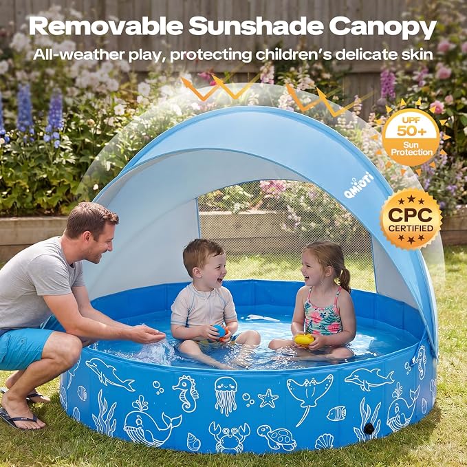 63in Kiddie Pool with Canopy, Foldable Kids Pool with Detachable UPF 50+ Sunshade, Portable Non-Slip Swimming Pool Dog Pool for Backyard, Beach, Outdoor Summer Water Play
