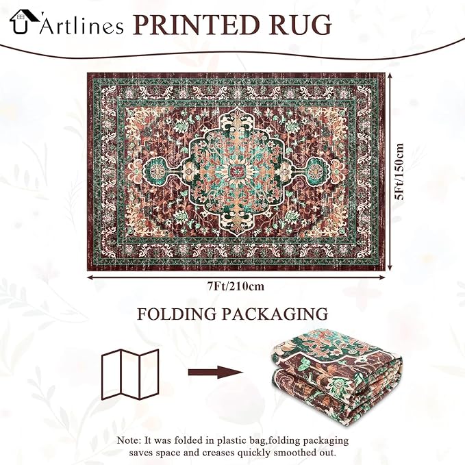 U'Artlines Boho Vintage Area Rug 5x7 Machine Washable Carpet, Rust＆Teal | Low Pile, Non Slip, Ultra-Thin Soft Floor Carpet, Accent Rug for Living Room Bedroom Entryway Dining Room Office