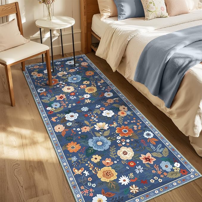 Floral Washable 2x8 Area Rugs Runner Entryway Hallway Blue/Grey | Flower Carpet, Print, Boho, Non-Slip, Easy to Clean, Low Pile, Soft, for Living Room Bedroom Kitchen Office Entrance