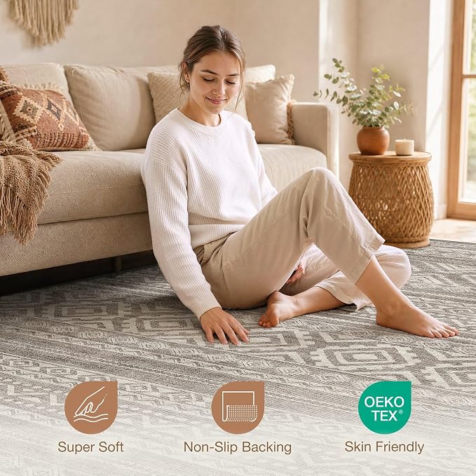 cotiled Boho 5x7 Area Rugs for Living Room: Soft Moroccan Washable Rug | Solve Modern Neutral Trendy Home Decor - Stain Resistan Indoor Carpet for Bedroom Dining Room Coffee Brown