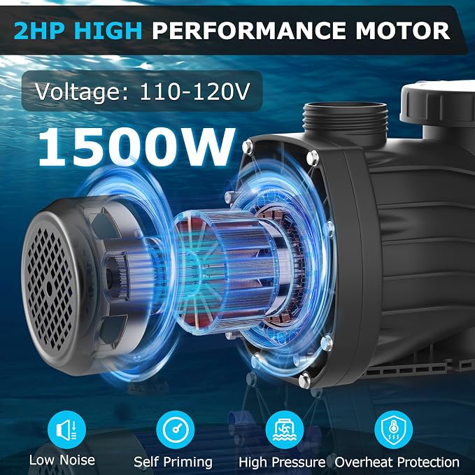 2HP In/Above Ground Pool Pump, 115V 5389GPH Powerful Self Priming | Pure Copper Motor, Energy Efficient, 1.5" and 2" Adapters, High Flow with Filter Basket, Single Speed