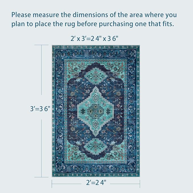 Tangsoo Oriental 2x3 Washable Rugs for Entryway, Non Slip Small Area Rug | Teal Vintage Indoor Front Door Rug, Boho Print Door Mat Carpet, Soft Low Pile Throw Rugs for Entrance Entry Kitchen Bedroom