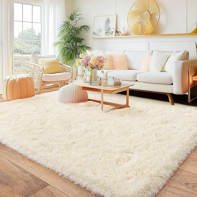 Large Area Rugs 9x12 Living Room, Ultra Fluffy Fuzzy Shag Cream Rug for Bedroom, Modern Plush Soft High Pile Upgrade Non-Slip Carpet for Kids Girls and Boys, Dorms, Home Decor Aesthetic
