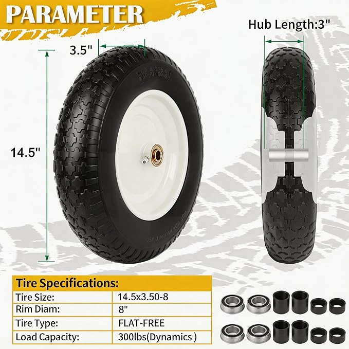 14.5" Wheelbarrow Tire Flat-Free, 3.50-8 Solid Tire 300LB Capacity Each, with 5/8" & 3/4" Bearings, 3"-4''-6''-7" Adjustable Hub, Tire and Wheel Replacement for Dolly, Hand Truck, Garden Cart, 2 Pack