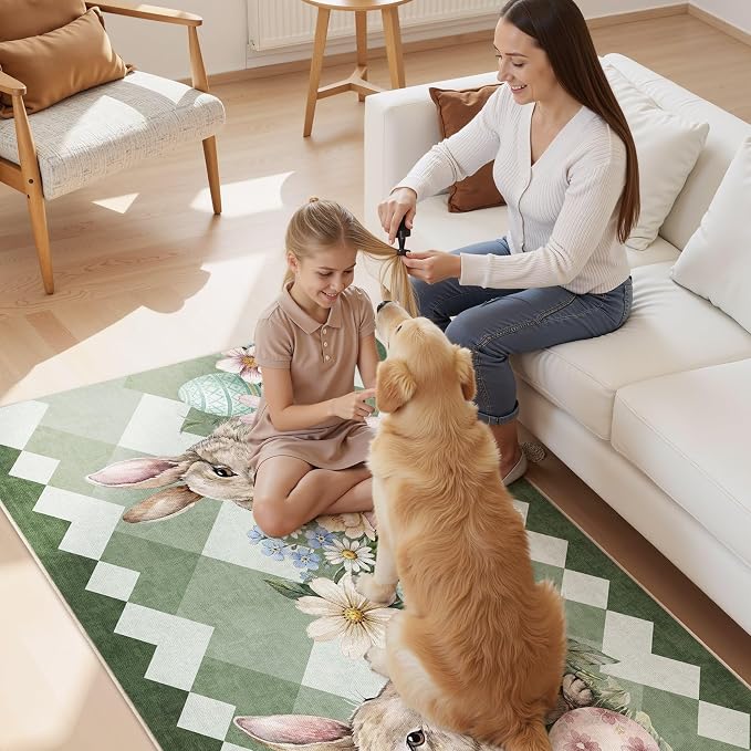 cotiled Area Rug for Living Room, Washable Non-Slip Large Area Rug, Indoor Floor Carpet Low Pile Soft Boho Farmhouse Rug for Bedroom Dining Room Green 3x5