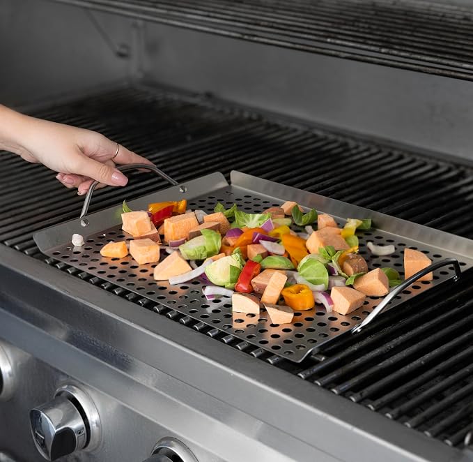 Outset 76632 Stainless Steel Grill Topper Grid, 11"x17" BBQ Tray | Stainless Steel Grill Topper | BBQ Veggie Grill Tray | Easy to Carry | Seafood Grill Tray With Holes | Infuses Flavor