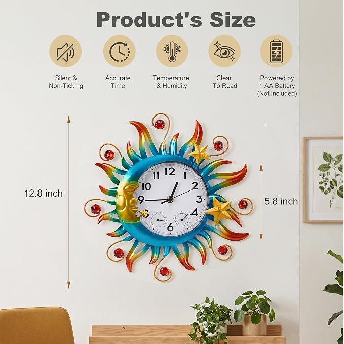 Sun and Moon Outdoor Clocks for Patio Waterproof, Outdoor Wall Clock Thermometer Combo, 13 Inch Silent Non-ticking Decorative Clock with Temperature, Decor for Garden, Living Room and Kitchen