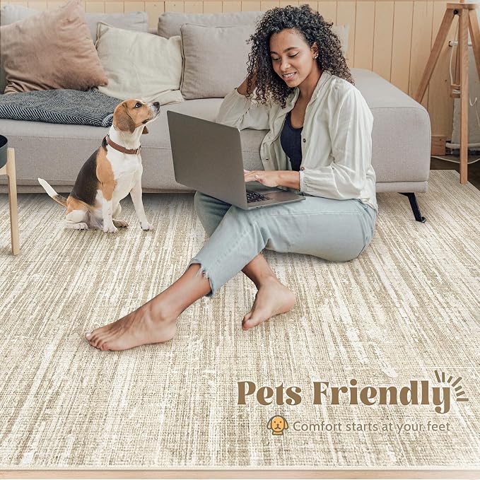 6x9 Area Rugs for Living Room: Washable Moroccan Geometric Boho Rug Farmhouse Non Slip Stain Resistant Large Rug Low Pile Soft Carpet for Bedroom Dining Room Home Office Children Room (Camel,6'x9')