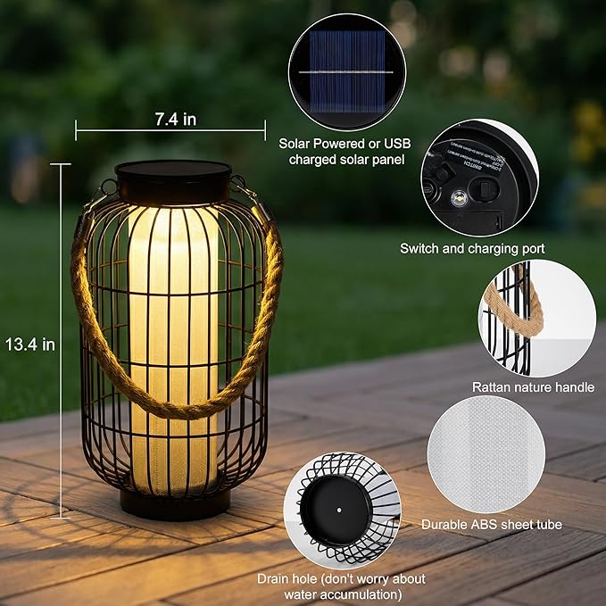 Large Solar Lanterns Outdoor Waterproof, Solar Lantern Metal Dual Charging (USB/Solar), Two Brightness Modes Decorative Solar Lights for Yard Patio Garden Front Porch Indoor Or Tabletop Decor (Black)