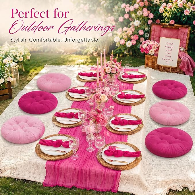 Beeveer 71 x 118'' Extra Large Outdoor Picnic Blanket with Rose Red Table Runner 8 Napkins and 8 Floor Pillows Cushions for Picnic Party Camping Wedding Bachelorette Birthday Baby Shower Decor