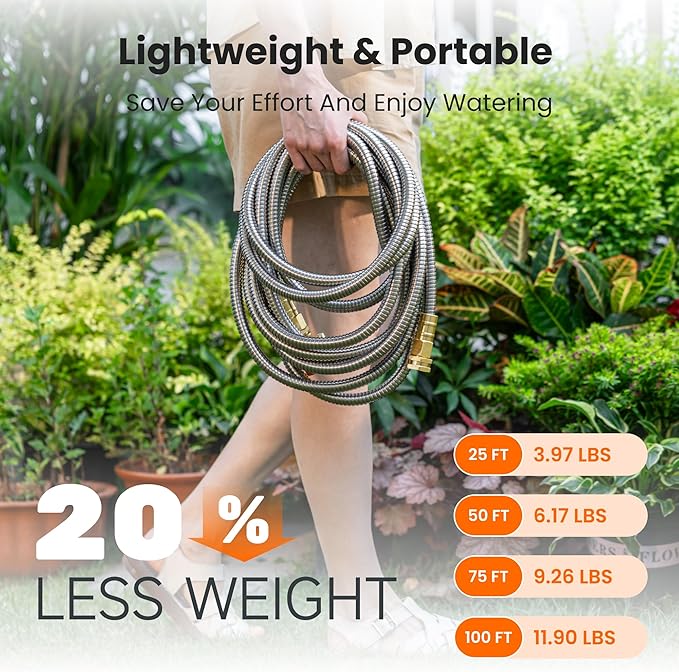 Giraffe Tools Garden Hose 100ft x 5/8", 304 Stainless Steel Metal Water Hose, No Kink Garden Water Hose with 9 Pattern Spray Nozzle, Flexible, Lightweight, Kink Free Hose for Yard, Outdoor