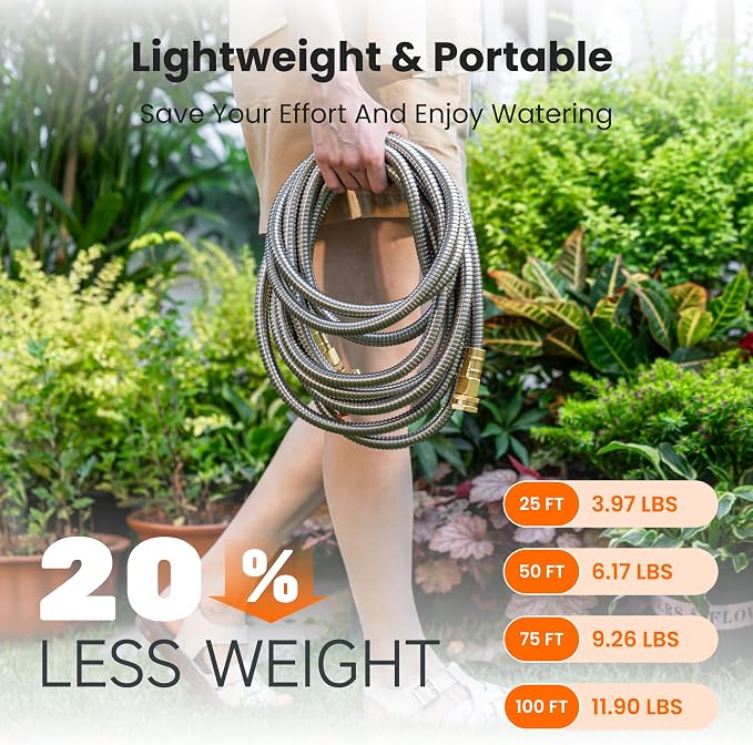 Giraffe Tools Garden Hose 75ft x 5/8", 304 Stainless Steel Metal Water Hose, No Kink Garden Water Hose with 9 Pattern Spray Nozzle, Flexible, Lightweight, Kink Free Hose for Yard, Outdoor