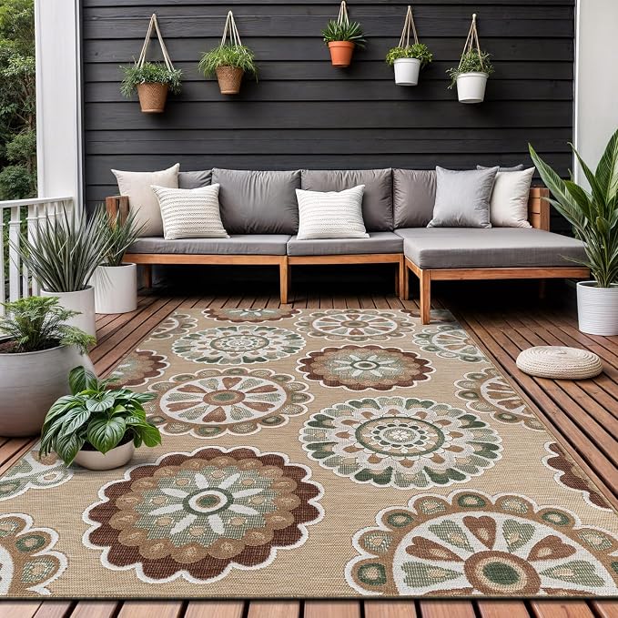Outdoor Rug 9x12 Washable Area Rugs Indoor Outdoor Carpets Beige Bohemian Medallion Non Shedding Waterproof Easy Clean Patio Deck Porch Living Room Bedroom Garden RV (9 X 12 Beige)