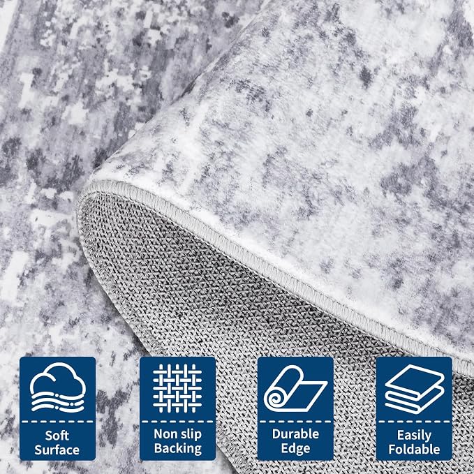 ROYHOME Modern Abstract Runner Rug 2x5 Washable Non Slip, Light Grey | Stain Resistant Rug for Bedroom Living Room Non Shedding Low Pile Indoor Floor Cover